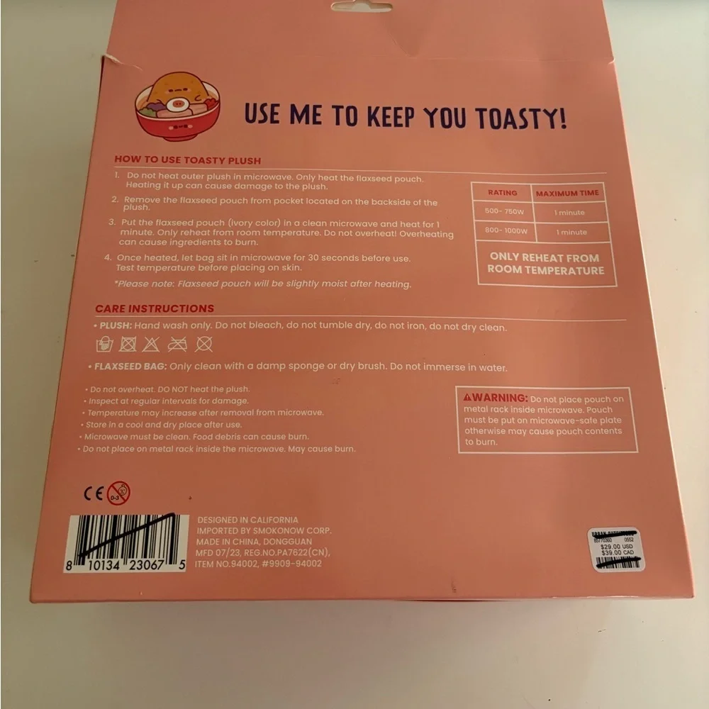 NWT Smoko Tayto Ramen Toasty Heatable Plushie